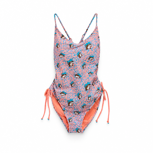 Buc-ee’s women’s pink and blue leopard one-piece swimsuit with thin straps, draped neckline, and side ties