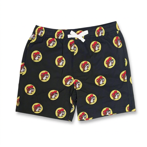 Buc-ee’s youth black logo swim trunks with white drawstring, elastic waist, and all-over beaver logo print