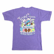 Buc-ee’s youth purple Easter shirt back with “Forget the Eggs, I’m Hunting Beaver Nuggets!” print and bunny-eared beaver