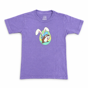 Buc-ee’s youth Easter shirt in purple with bunny-eared beaver logo inside a green Easter egg