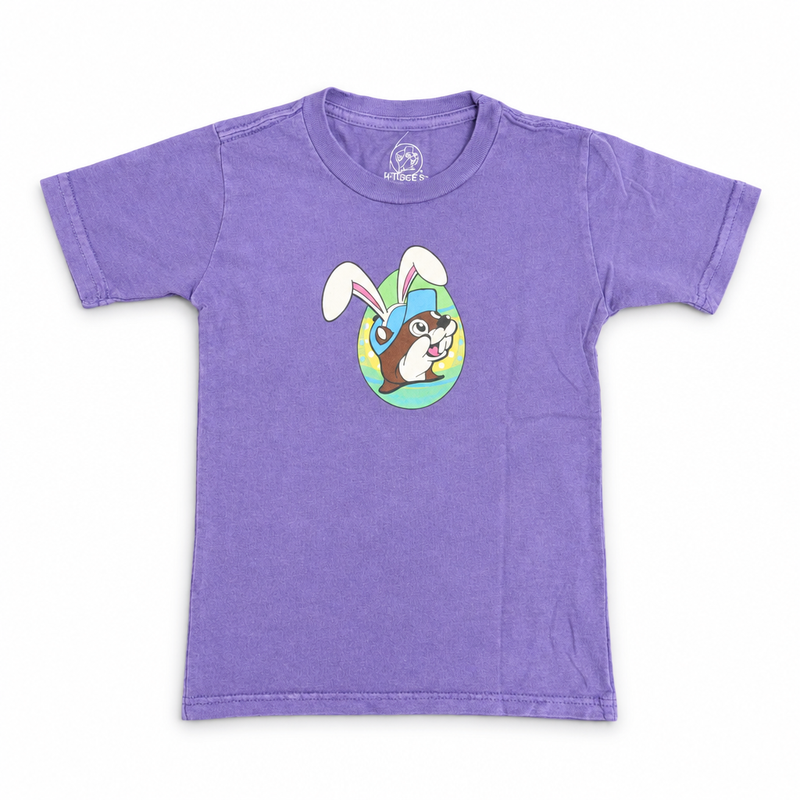 Buc-ee’s youth Easter shirt in purple with bunny-eared beaver logo inside a green Easter egg