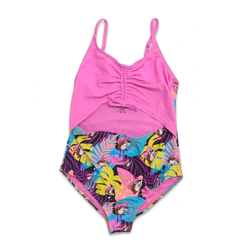 Buc-ee’s youth girls’ tropical one-piece swimsuit with pink ruched tie top, midriff cutout, and beaver leaf-print bottom