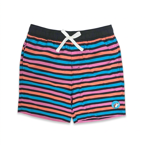 Buc-ee’s youth striped swim trunks in pink, coral, and turquoise with black elastic waist, white tie, and blue beaver patch