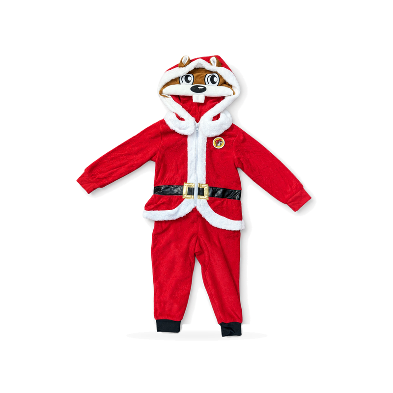 Toddler and youth red Buc-ee's Santa union suit with Buc-ee the Beaver hood