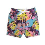 Buc-ee’s youth tropical swim trunks with white bow drawstring and print of pink-capped beavers, palm fronds, and monstera