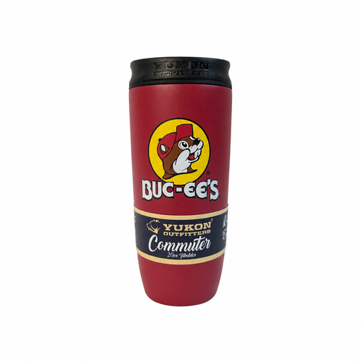 Buc-ee's x Yukon Outfitters Commuter 20 oz tumbler in red with the yellow beaver logo and a black lid