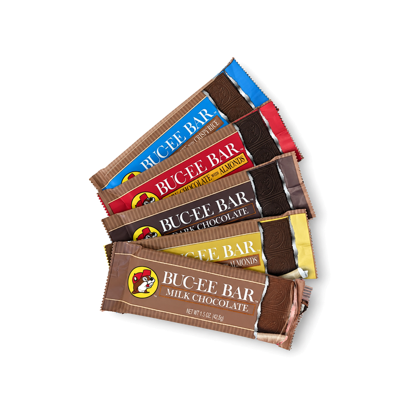Five Buc-ee Bar chocolate bars fanned out in milk, dark, almond and crispy rice wrappers