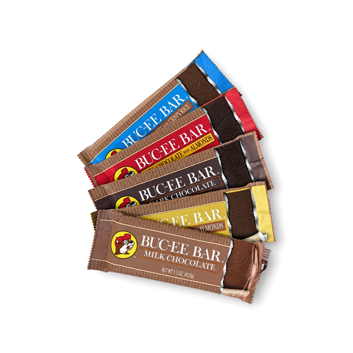 Five Buc-ee Bar chocolate bars fanned out, in milk chocolate, dark chocolate, almond and crispy rice varieties