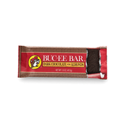 Buc-ee Bar Dark Chocolate with Almonds in red wrapper with corner unwrapped, on white