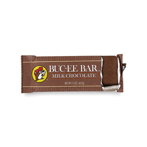 Buc-ee Bar Milk Chocolate in a brown striped wrapper, a 1.5 oz milk chocolate candy bar peeled open at one end