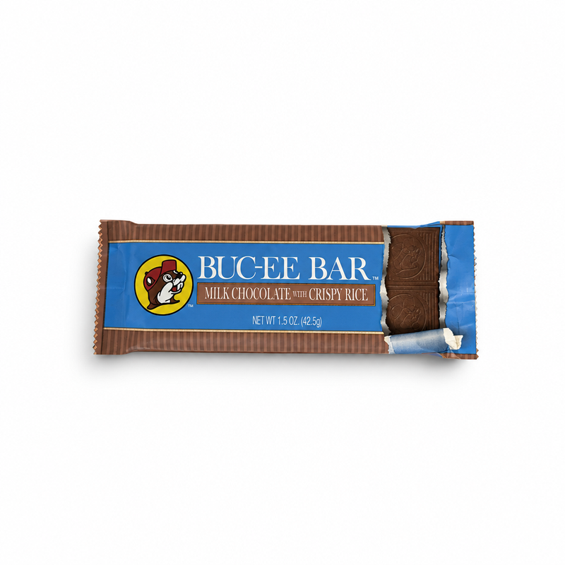 Buc-ee Bar Milk Chocolate with Crispy Rice in blue wrapper with corner unwrapped, on white