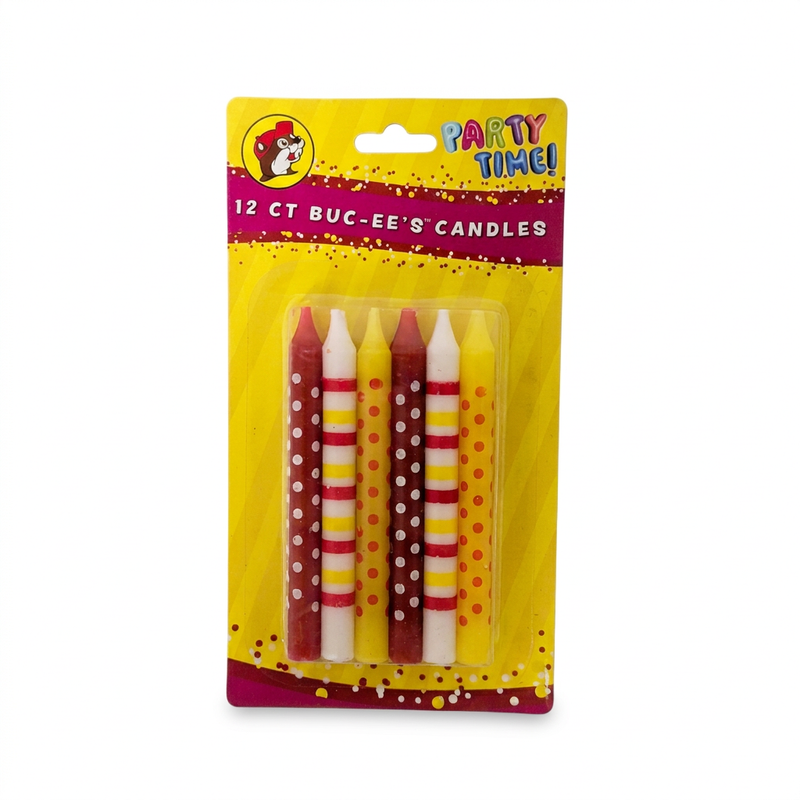 Buc-ee’s 12-count birthday candles in red, white, and yellow with polka dot and stripe designs in Party Time!