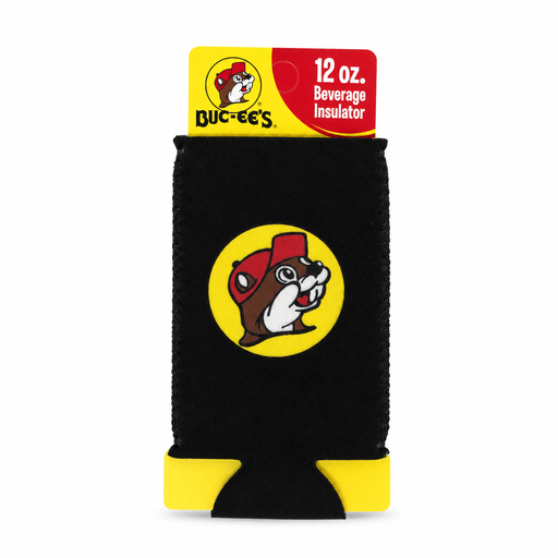 Buc-ee's 12 oz black beverage insulator can cooler with yellow circle beaver logo, in retail hang tag packaging