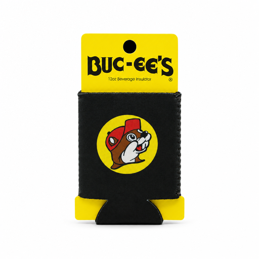 Buc-ee's 12 oz beverage insulator can cooler in black with the yellow beaver logo, on its yellow retail header card