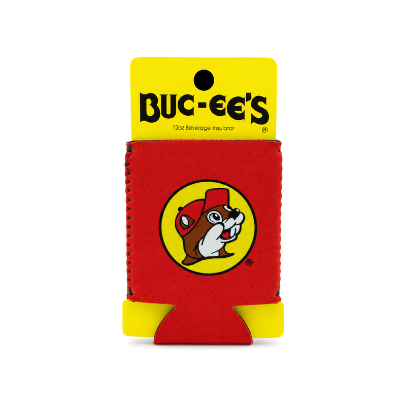 Buc-ee's 12 oz beverage insulator can cooler in red with the yellow beaver logo, on its yellow retail header card