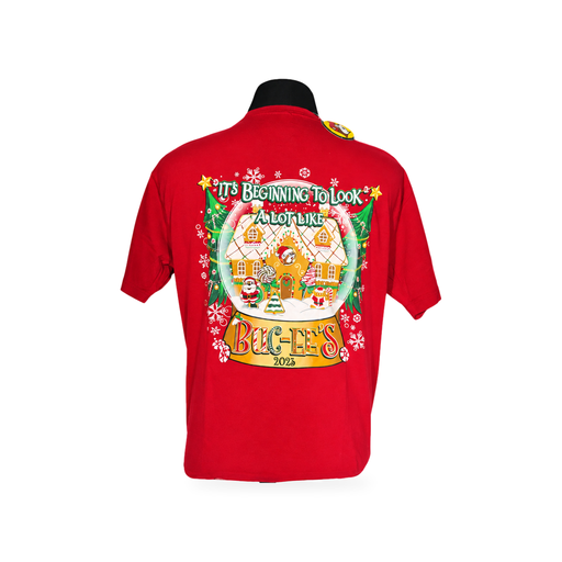 Back of red 2023 Buc-ee's Christmas shirt with gingerbread house snow globe and "It's Beginning to Look a Lot Like Buc-ee's"