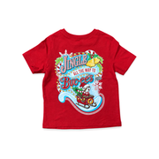 Red toddler "Jingle All the Way to Buc-ee's" Christmas shirt laid flat, back view with sleigh graphic