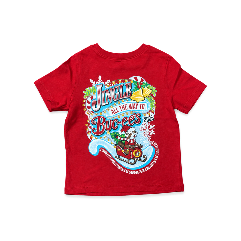 Red toddler "Jingle All the Way to Buc-ee's" Christmas shirt laid flat, back view with sleigh graphic