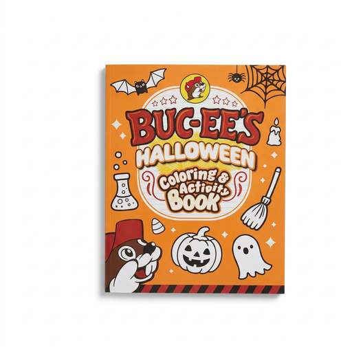 Buc-ee’s 2026 Halloween Coloring & Activity Book with orange cover showing the beaver mascot, jack-o’-lantern, ghost and bat
