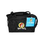Buc-ee's 24 can cooler in black, a soft-sided bag with embroidered beaver logo, front zip pocket, and shoulder strap