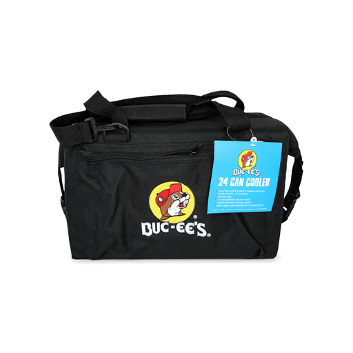 Buc-ee's 24 can cooler in black, a soft-sided bag with embroidered beaver logo, front zip pocket, and shoulder strap