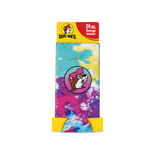 Buc-ee's 24 oz tie-dye beverage insulator in teal, yellow, pink and purple with the round beaver logo, on its retail card