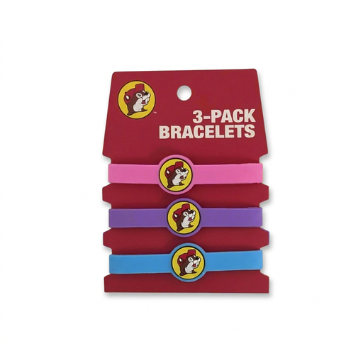 Buc-ee’s 3-Pack Bracelets in pink, purple, and blue, each with a round beaver logo charm, on a red display card
