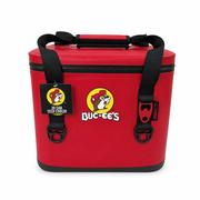 Buc-ee's 30-can Tech Cooler in classic red with black shoulder straps, beaver logo, zippered lid, and built-in bottle opener