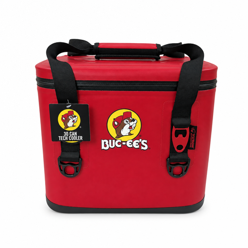 Buc-ee's 30-can Tech Cooler in classic red with black shoulder straps, beaver logo, zippered lid, and built-in bottle opener