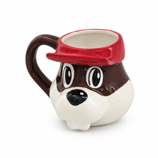 Buc-ee's 3D Face Mug shaped like the beaver mascot's head, with a red cap rim, big eyes, buck teeth, and a brown handle