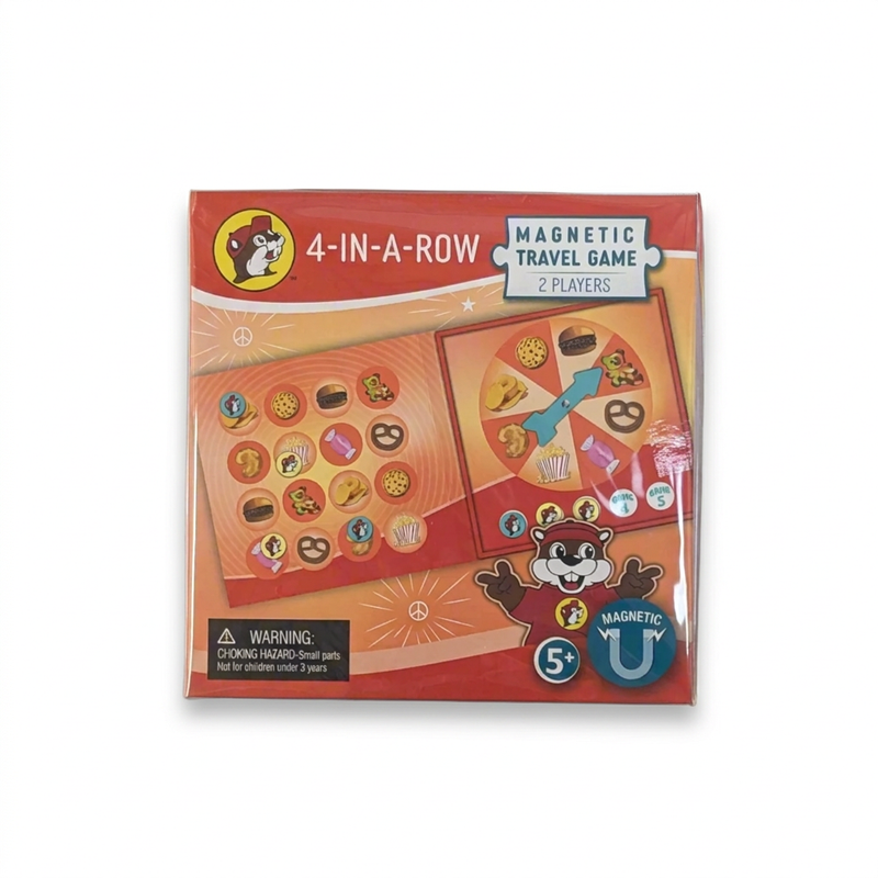 Buc-ee’s 4-in-a-Row magnetic travel game for 2 players, ages 5 and up, with snack icon tokens and a spinner board