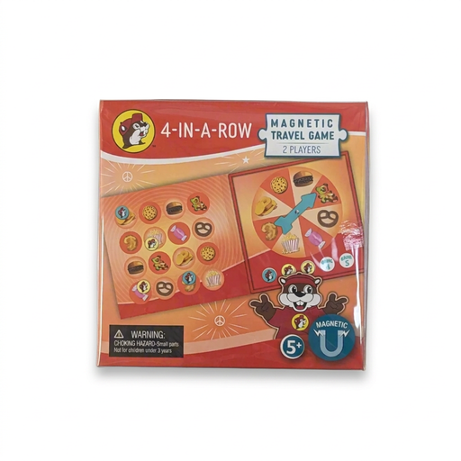 Buc-ee’s 4-in-a-Row magnetic travel game for 2 players, ages 5 and up, with snack icon tokens and a spinner board