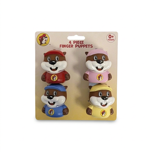 Buc-ee’s 4 Piece Finger Puppets set of beaver figures in red, pink, blue, and yellow caps and shirts, rated for ages 0+
