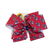Buc-ee’s 4th of July hair bow, king size, in red with a print of the beaver mascot in a stars and stripes top hat
