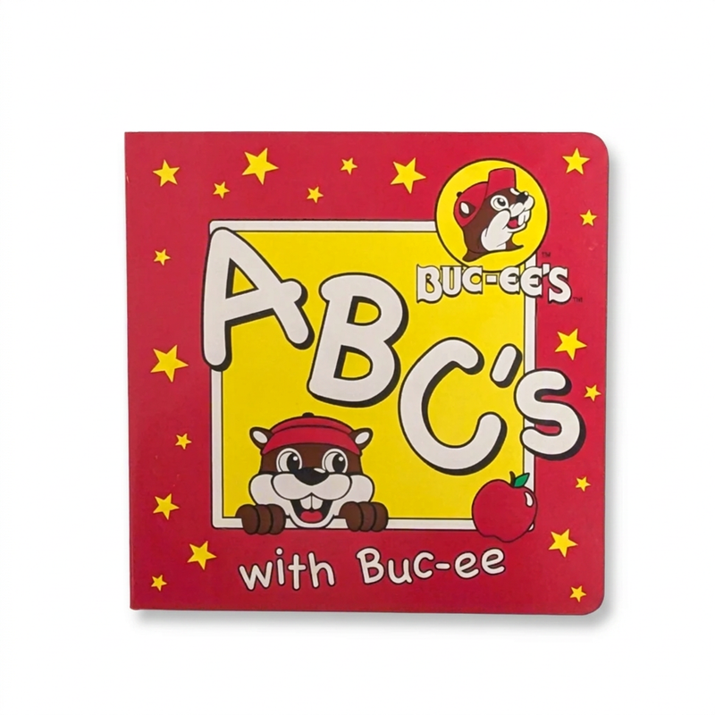 Buc-ee’s ABC’s with Buc-ee alphabet board book with a red starry cover showing the beaver peeking over the letters