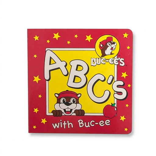 Buc-ee’s ABC’s with Buc-ee alphabet board book with a red starry cover showing the beaver peeking over the letters