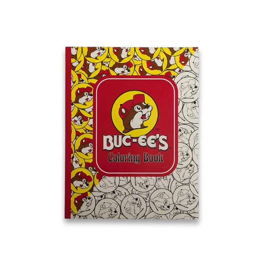 Buc-ee’s Adult Coloring Book with a cover of repeating beaver logos, half colored in and half left as black outlines