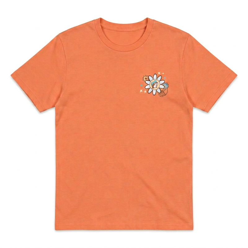 Front of Buc-ee’s adult I Deserve a Little Treat shirt in coral with small left-chest daisy and beaver logo
