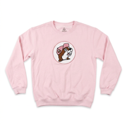 Buc-ee’s adult pink crewneck sweatshirt with a fuzzy chenille beaver logo patch in a white circle on the chest and ribbed cuffs