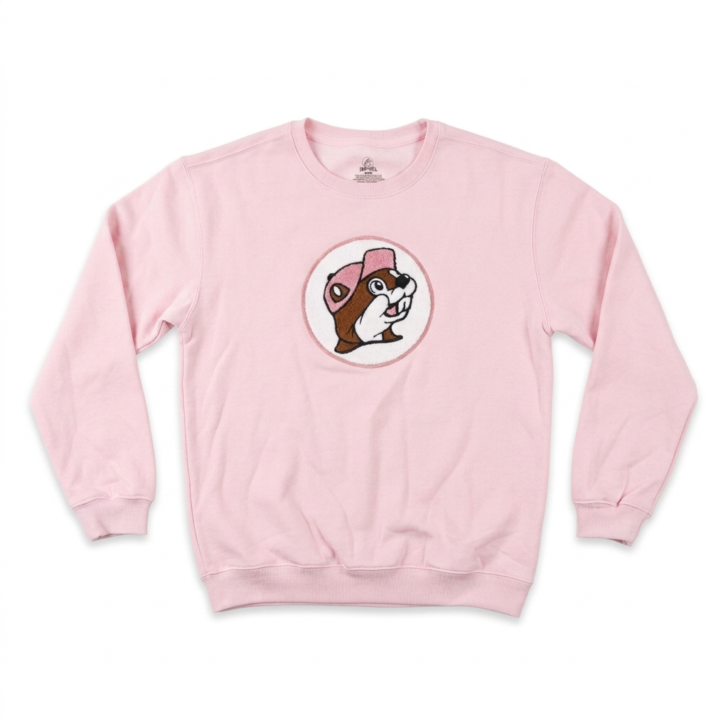 Buc-ee’s adult pink crewneck sweatshirt with a fuzzy chenille beaver logo patch in a white circle on the chest and ribbed cuffs