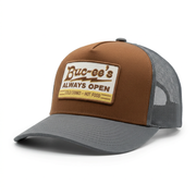 Buc-ee’s Always Open trucker hat in brown and gray with mesh back and embroidered Cold Drinks Hot Food patch