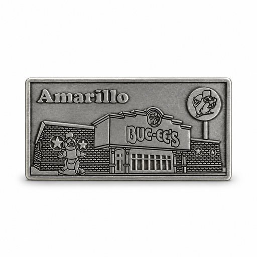 Buc-ee’s Amarillo, TX metal location magnet in antique silver finish with embossed Buc-ee’s store and beaver statue
