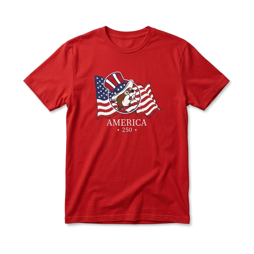 Buc-ee’s America 250 red t-shirt with the beaver in an Uncle Sam hat over a waving American flag, for the 4th of July