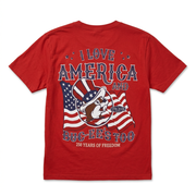 Back of the Buc-ee’s America 250 shirt with a large print reading “I Love America and Buc-ee’s Too, 250 Years of Freedom”