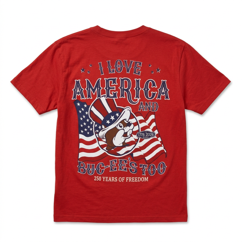 Back of the Buc-ee’s America 250 shirt with a large print reading “I Love America and Buc-ee’s Too, 250 Years of Freedom”