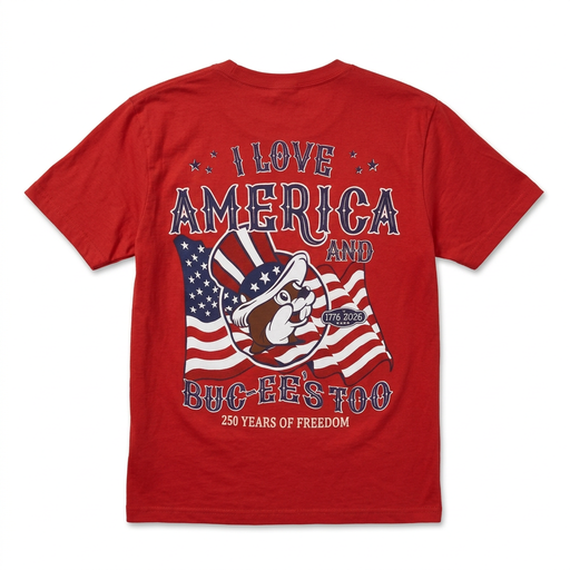 Back of the Buc-ee’s America 250 shirt with a large print reading “I Love America and Buc-ee’s Too, 250 Years of Freedom”