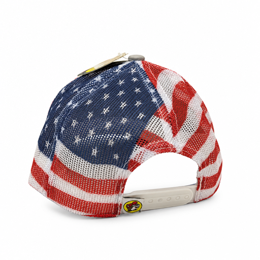 Back of the Buc-ee's America trucker hat with American flag mesh, a white snapback closure, and a small beaver logo tag