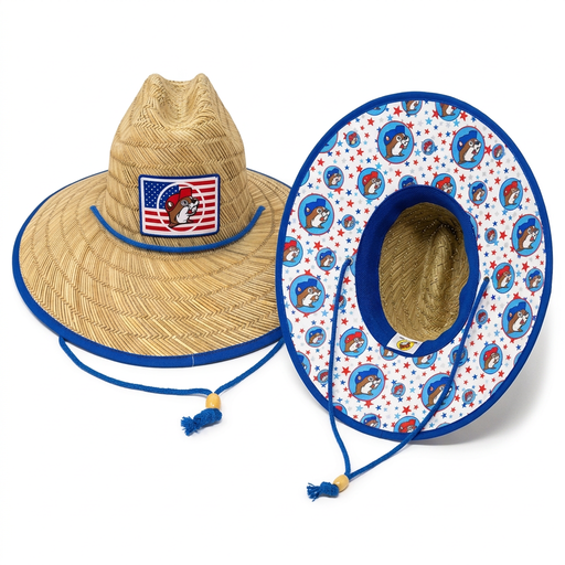 Buc-ee’s Americana straw lifeguard hat with a beaver flag patch and blue chin cord, plus an underbrim of stars and beavers