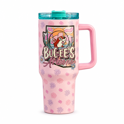 Buc-ee's Arizona Pink 40 oz Pro Tumbler with handle, teal lid, floral print, and beaver in an Arizona desert sunset design
