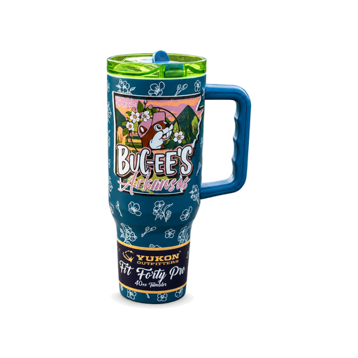 Buc-ee's Arkansas Fit Forty Pro 40 oz tumbler by Yukon Outfitters, teal with beaver logo, white florals and lime green lid